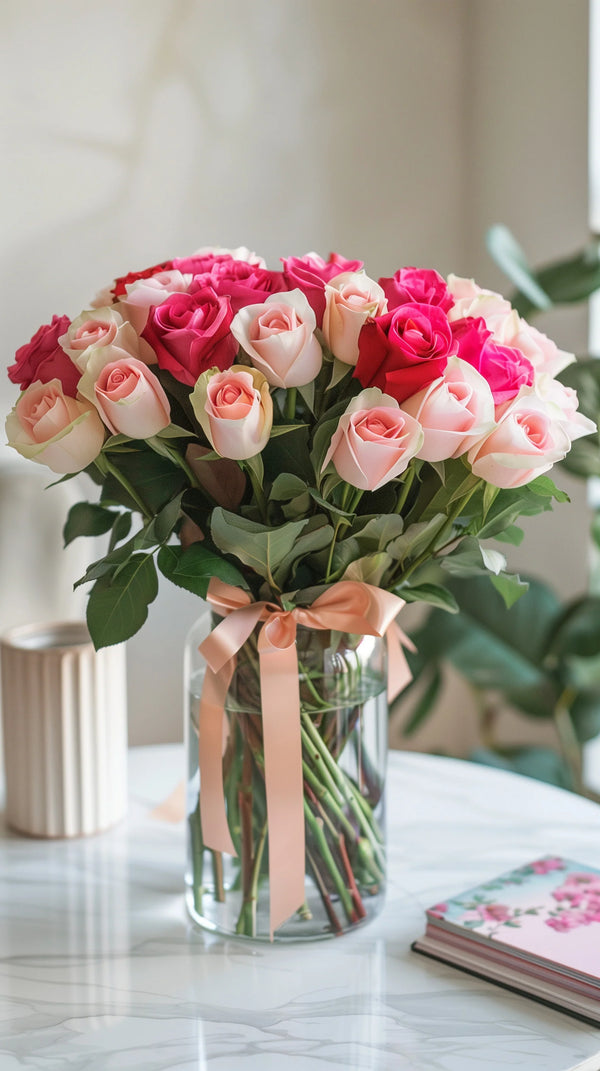 Bouquet of pink and white roses in a clear vase on a marble surface.