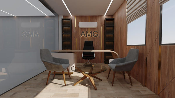 Modern office interior with a desk, chairs, and bookshelves.