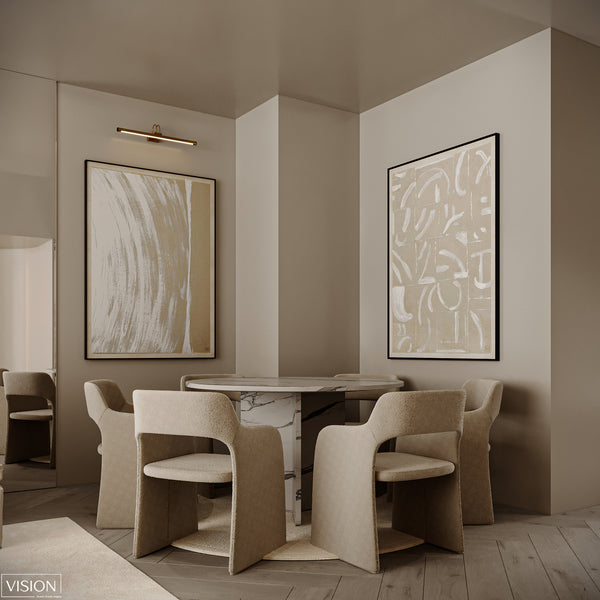 Modern dining room with abstract art on the walls and a table with chairs.