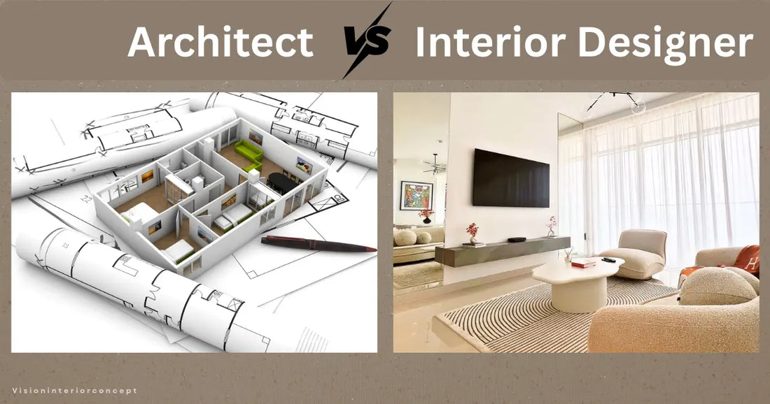 Difference between Architect (structure/shell) and Interior Designer (decor/function). Left: construction site; Right: finished, luxury living room