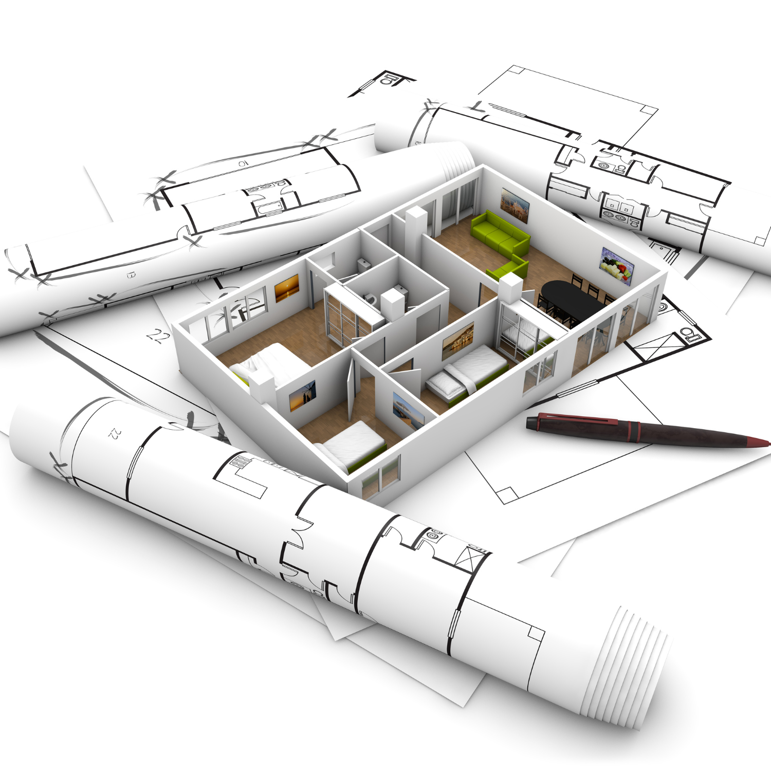 3D rendering of a modern apartment floor plan overlaid on top of rolled architectural blueprints and drawings.