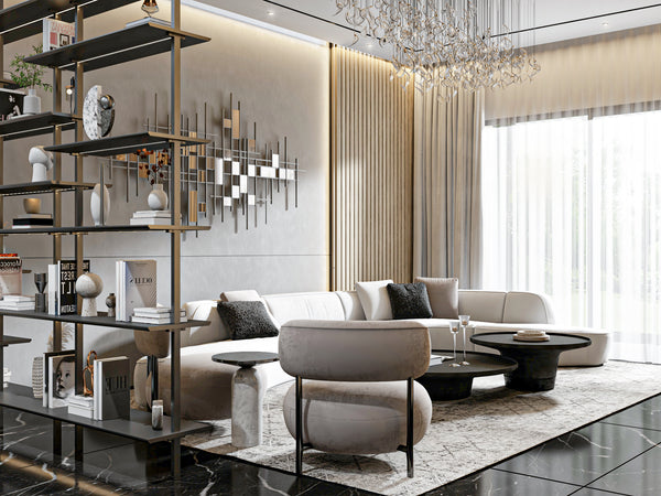 Modern living room with a stylish sofa, coffee table, and decorative shelves.