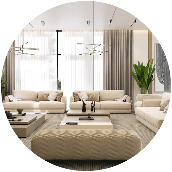 Modern living room with beige sofas and decor