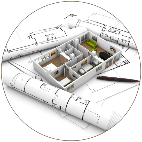 3D model of a house layout on top of architectural drawings with a pen.