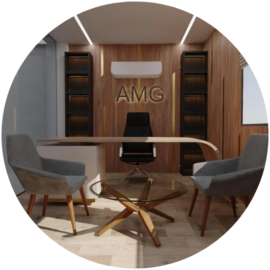 Modern office interior with a desk and chairs, featuring the 'AMG' logo on the wall.