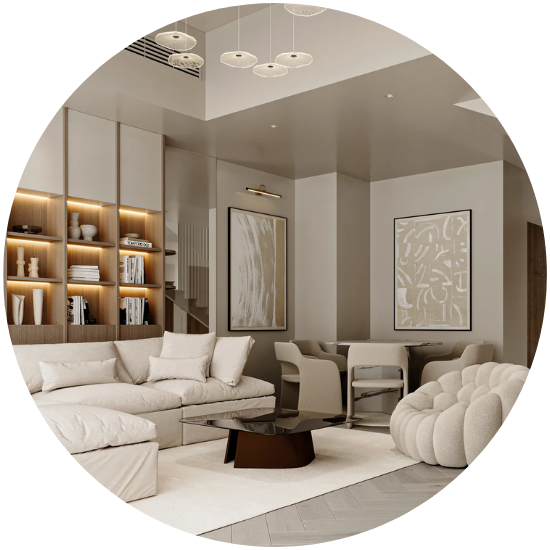 Modern living room with beige sofa, coffee table, and wall art.