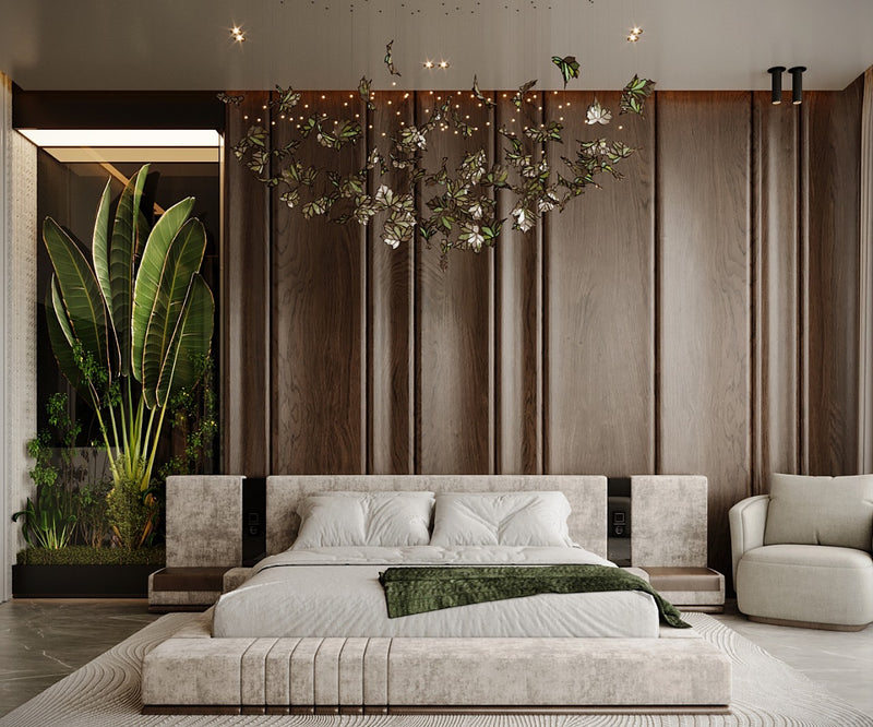 Modern master bedroom with a large bed, decorative pillows, and a stylish headboard.