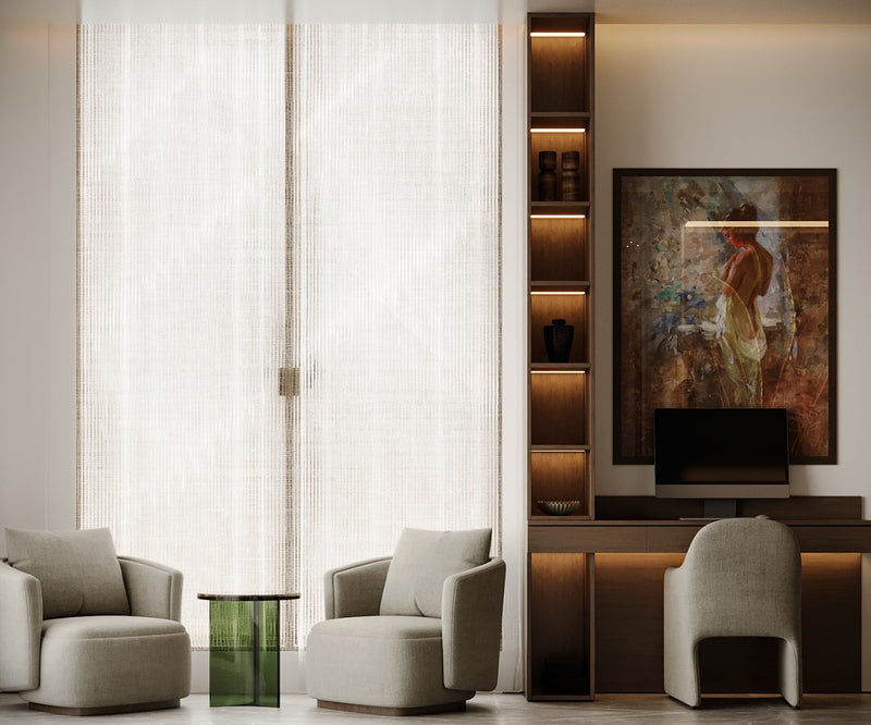 Modern master bedroom room with beige armchairs, a side table, and a wall-mounted shelf.