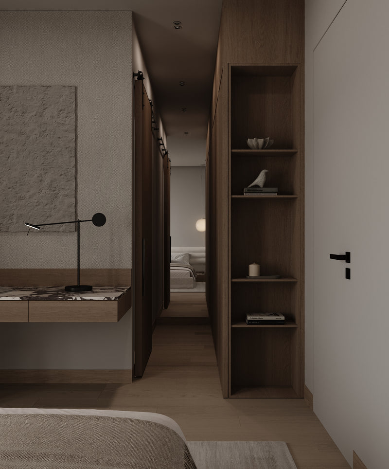 Modern bedroom with wooden shelves and a bed.