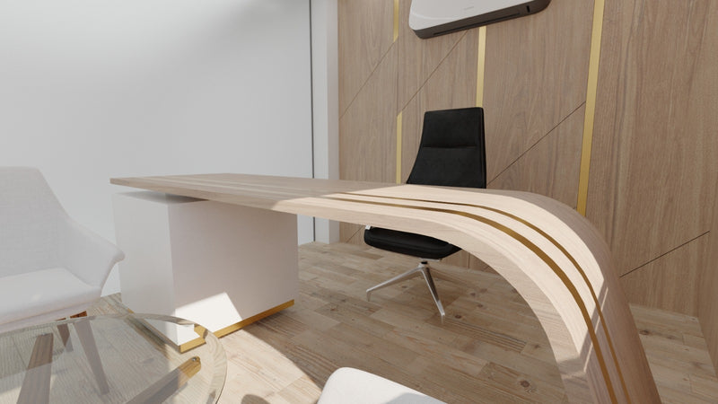 Modern office desk with a curved design in a light wood finish, featuring a black chair.