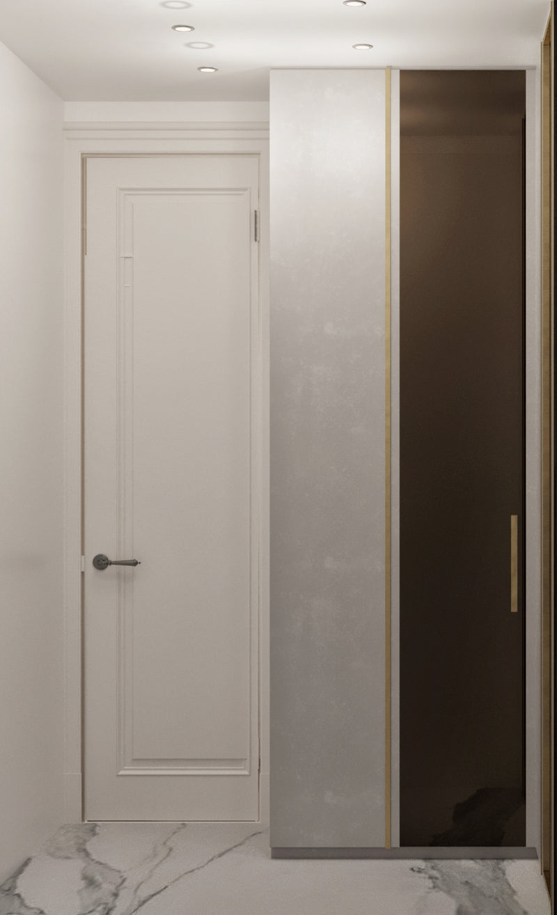 Adult girl’s bedroom Modern interior with a closed white door and a partially open dark-colored wardrobe.