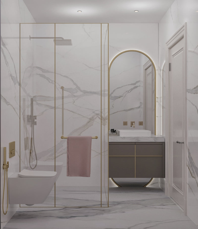 Adult girl’s bedroom's Modern bathroom with marble walls, a shower, sink, and towel.