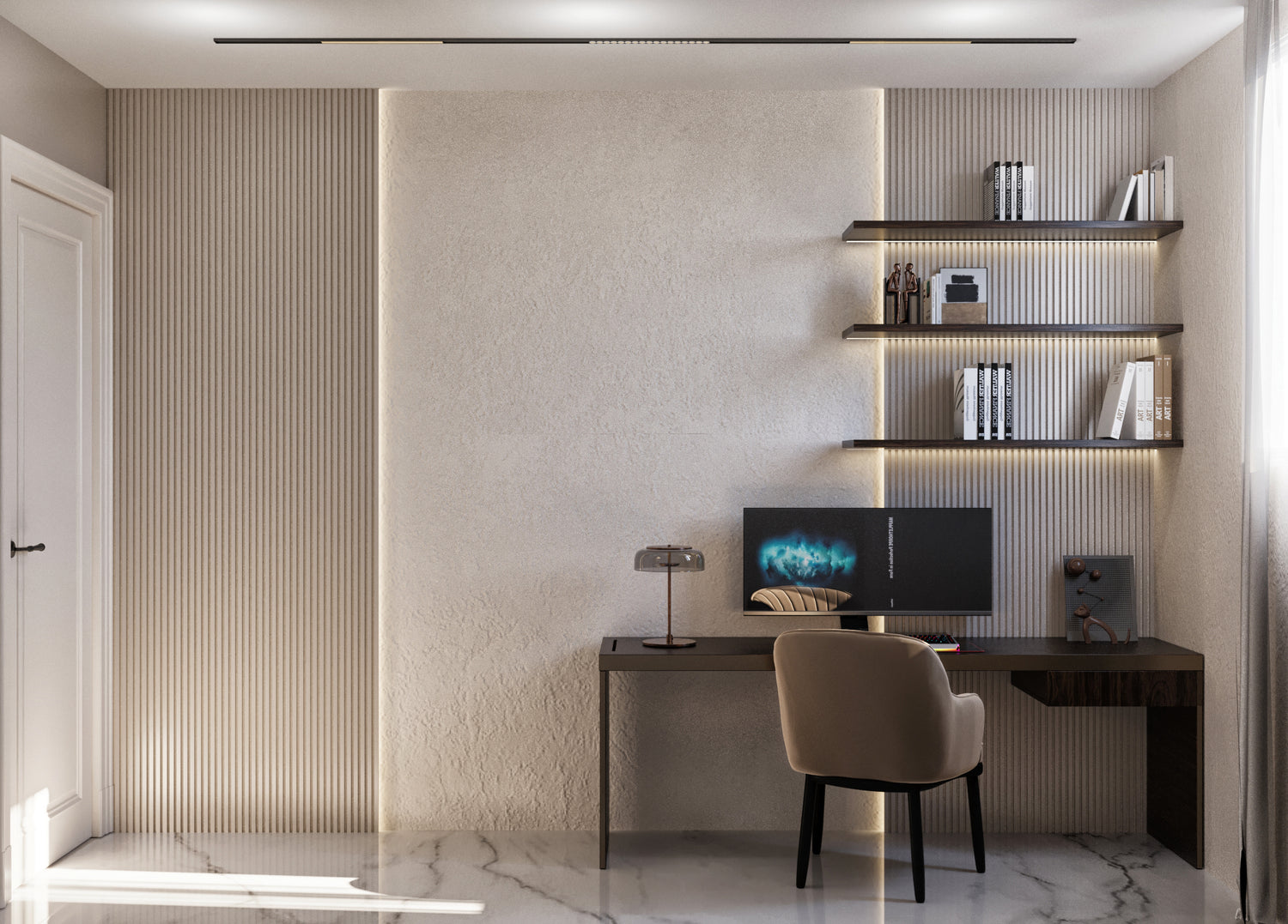 Modern home office with a desk, chair, and shelves.