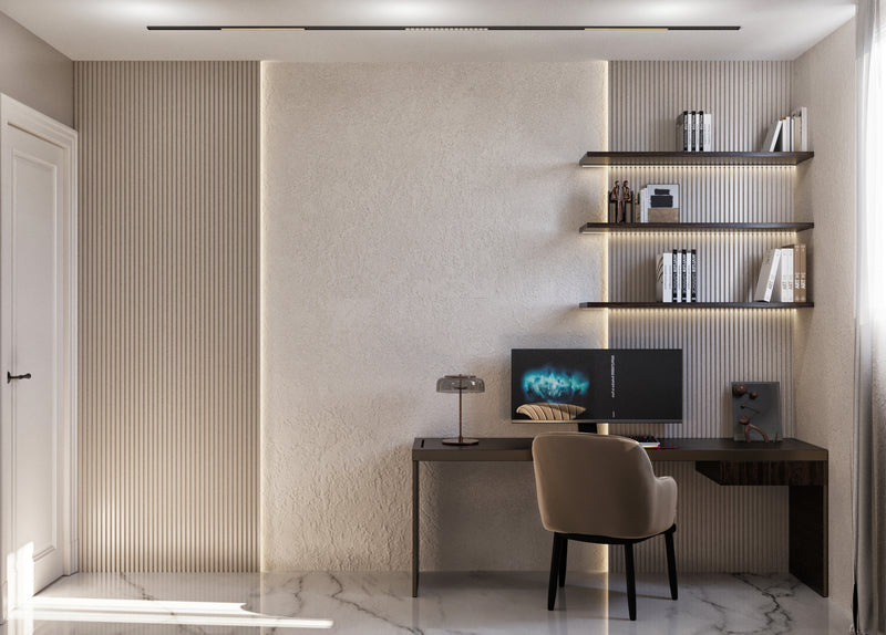 Modern home office with a desk, chair, and shelves.