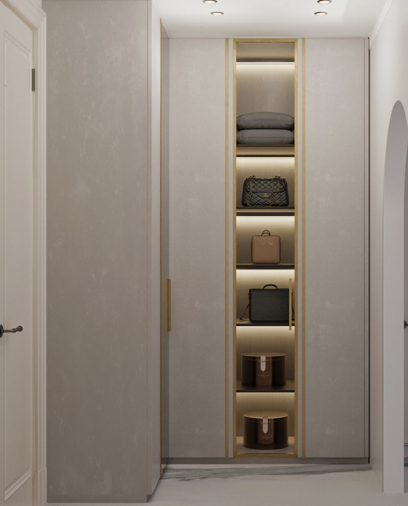 Adult girl’s bedroom's Modern walk-in closet with shelves and clothing items in a neutral color scheme.