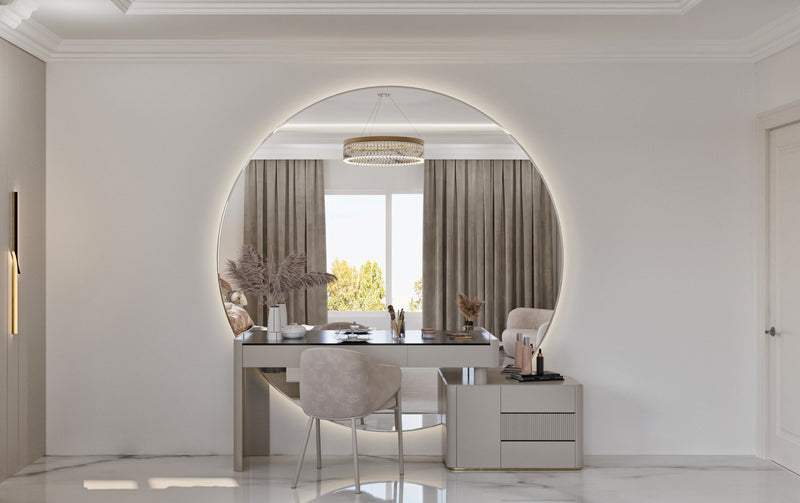 Modern master bedroom interior with a round mirror reflecting a room with curtains and decor.