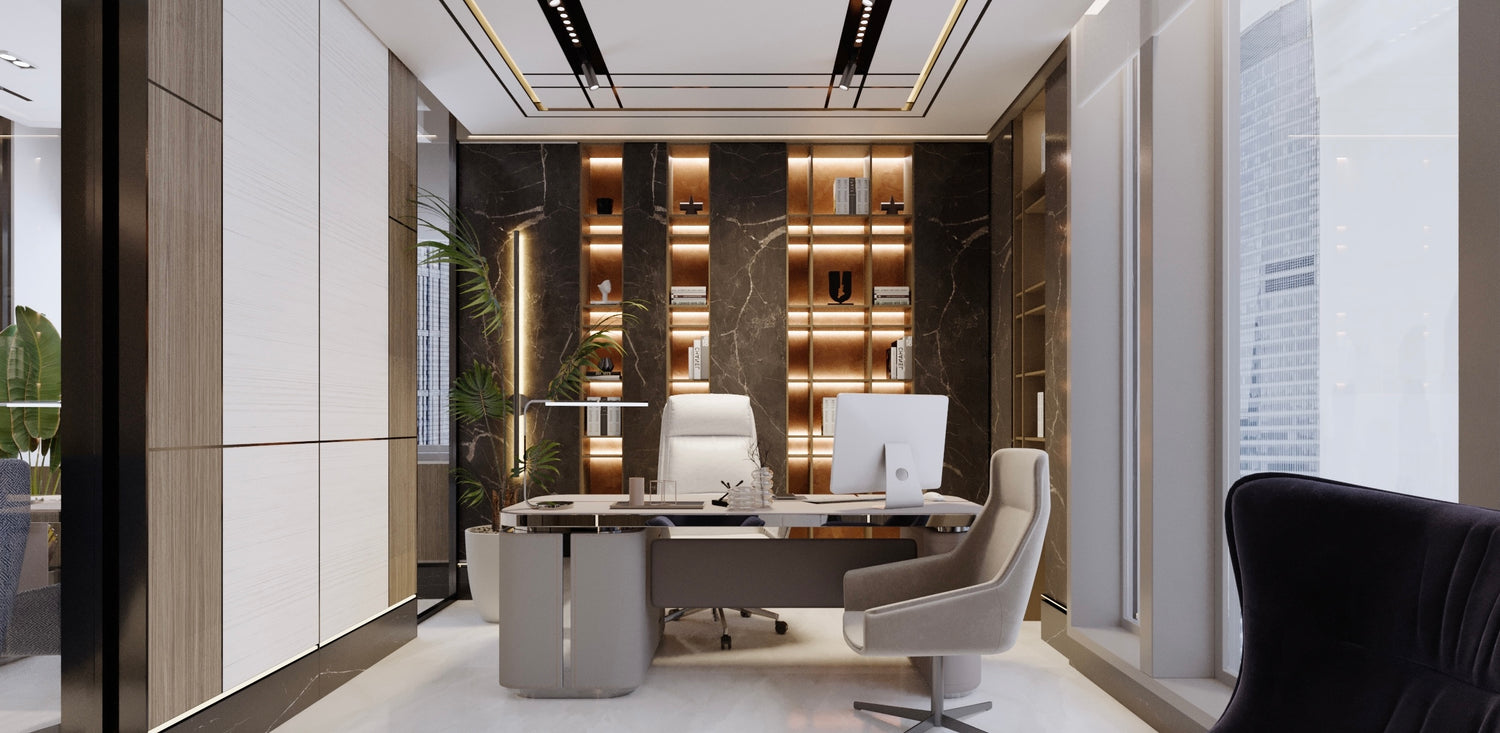 Modern office interior with a desk, chairs, and decorative elements.