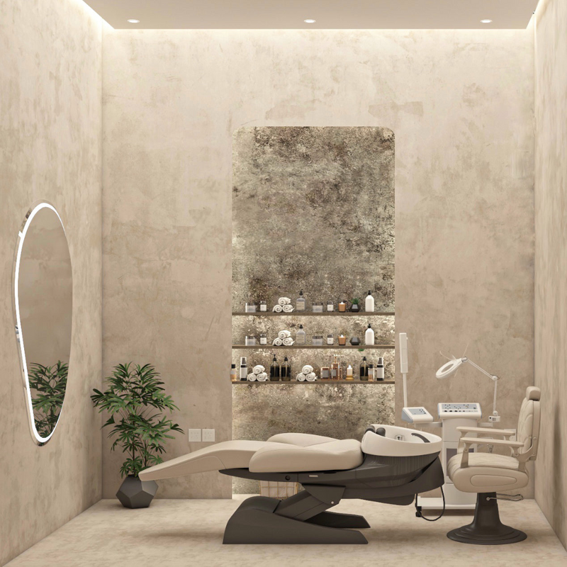 salon interior design chair placed in front of mirror