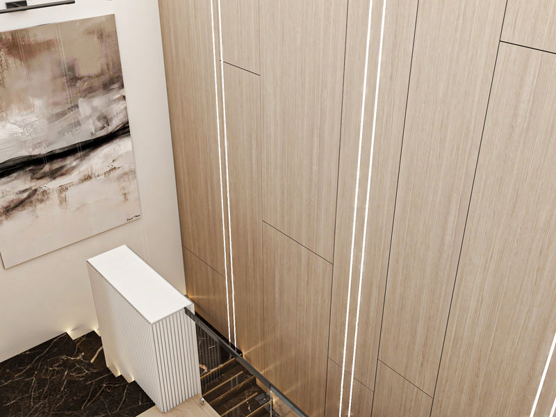 Wooden wardrobe with abstract painting on the wall