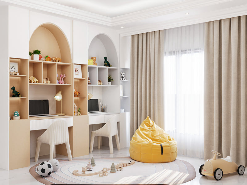boy bedroom with shelves, desk, chairs, and toys.
