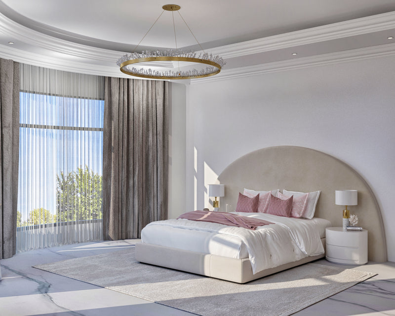 Modern Adult girl’s bedroom with a large bed, nightstands, and a chandelier.