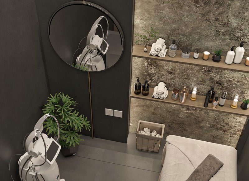 Modern salon interior with shelves, plants, and decorative items.
