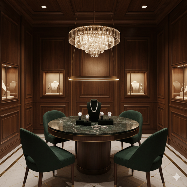 Luxurious interior with a round table and green chairs in a room with wooden walls and jewelry displays.