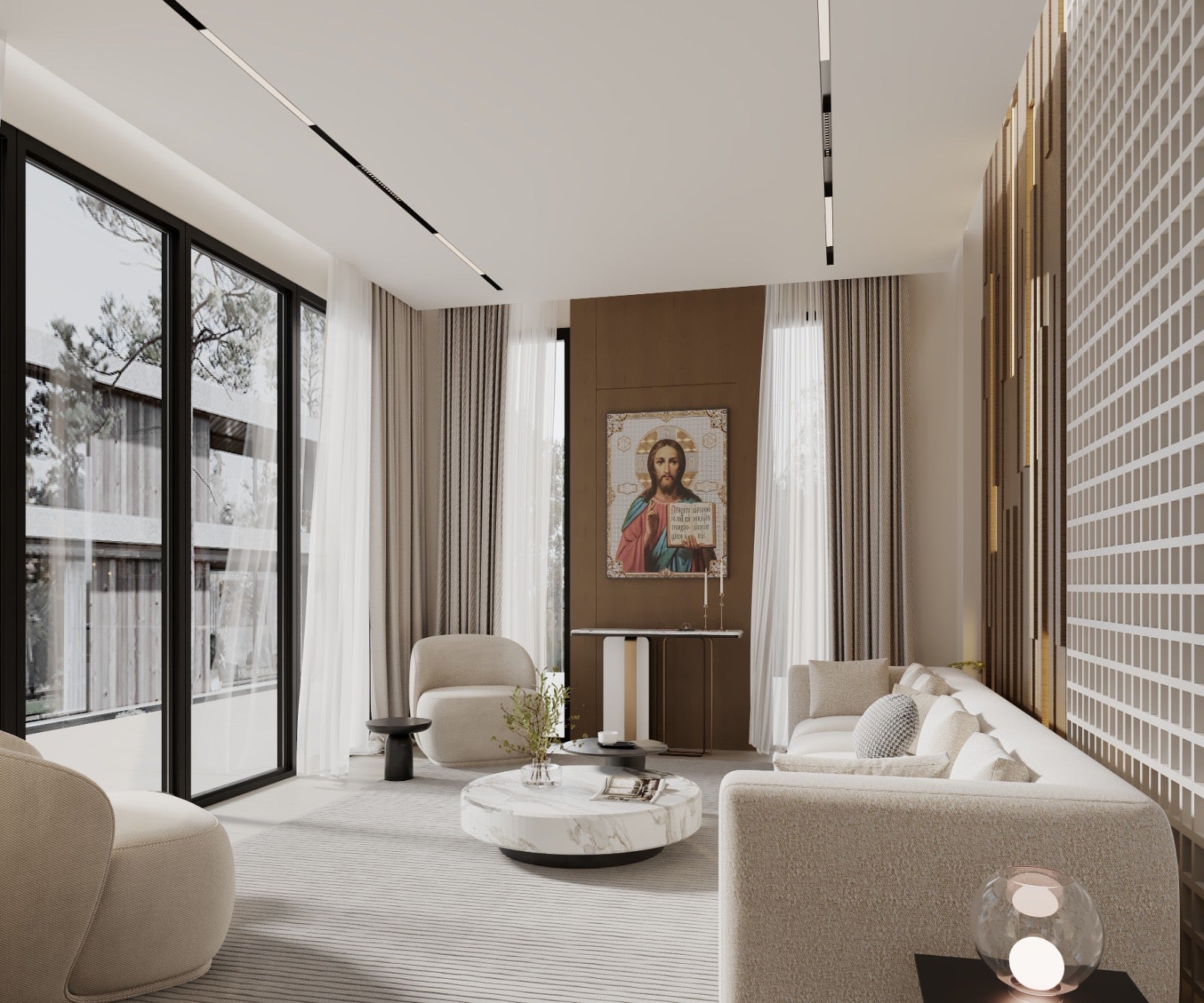 Luxury apartment interior with a minimalist style, light neutral tones, and a striking mosaic art piece on a feature wall.