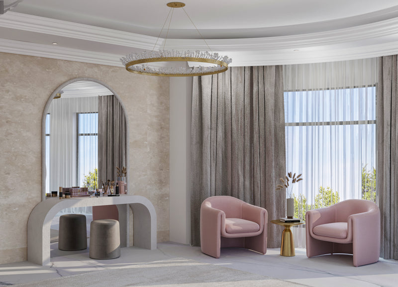 Modern Adult girl’s bedroom  interior with pink chairs, a mirror, and decorative items.