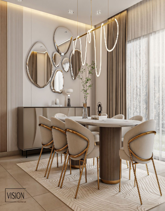 Modern Art Deco dining room with round marble table, velvet chairs, geometric mirror wall display, and contemporary linear chandelier.