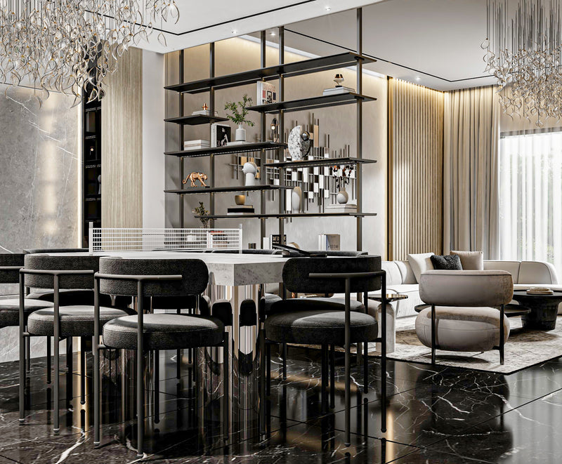 Modern Living Room with Dining Integration with marble floor, stylish chairs, and decorative shelves.