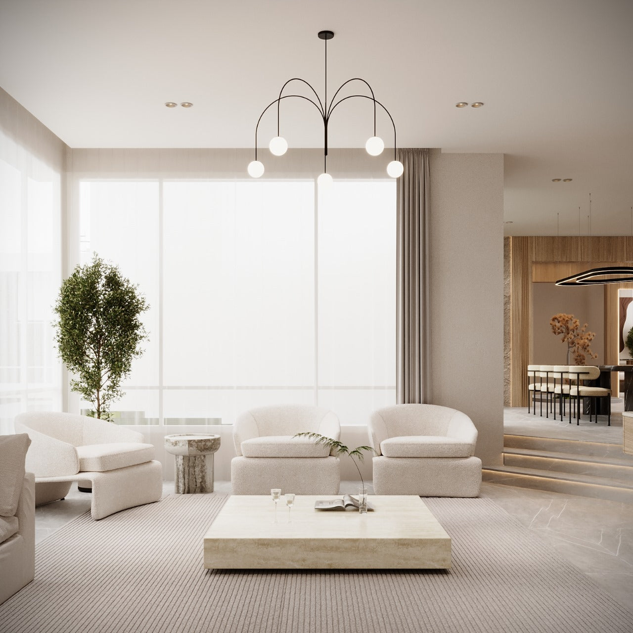 Modern Villa living room with white furniture and a chandelier