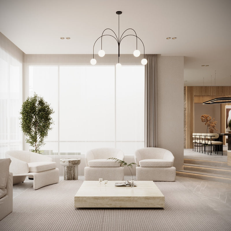 Modern Villa living room with white furniture and a chandelier