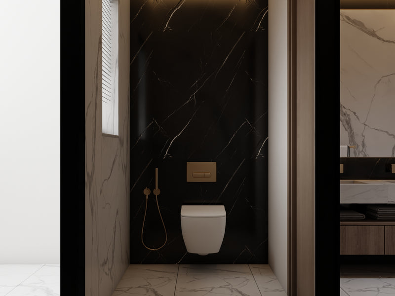 Modern bathroom interior design with black marble wall, white toilet, and wooden vanity.