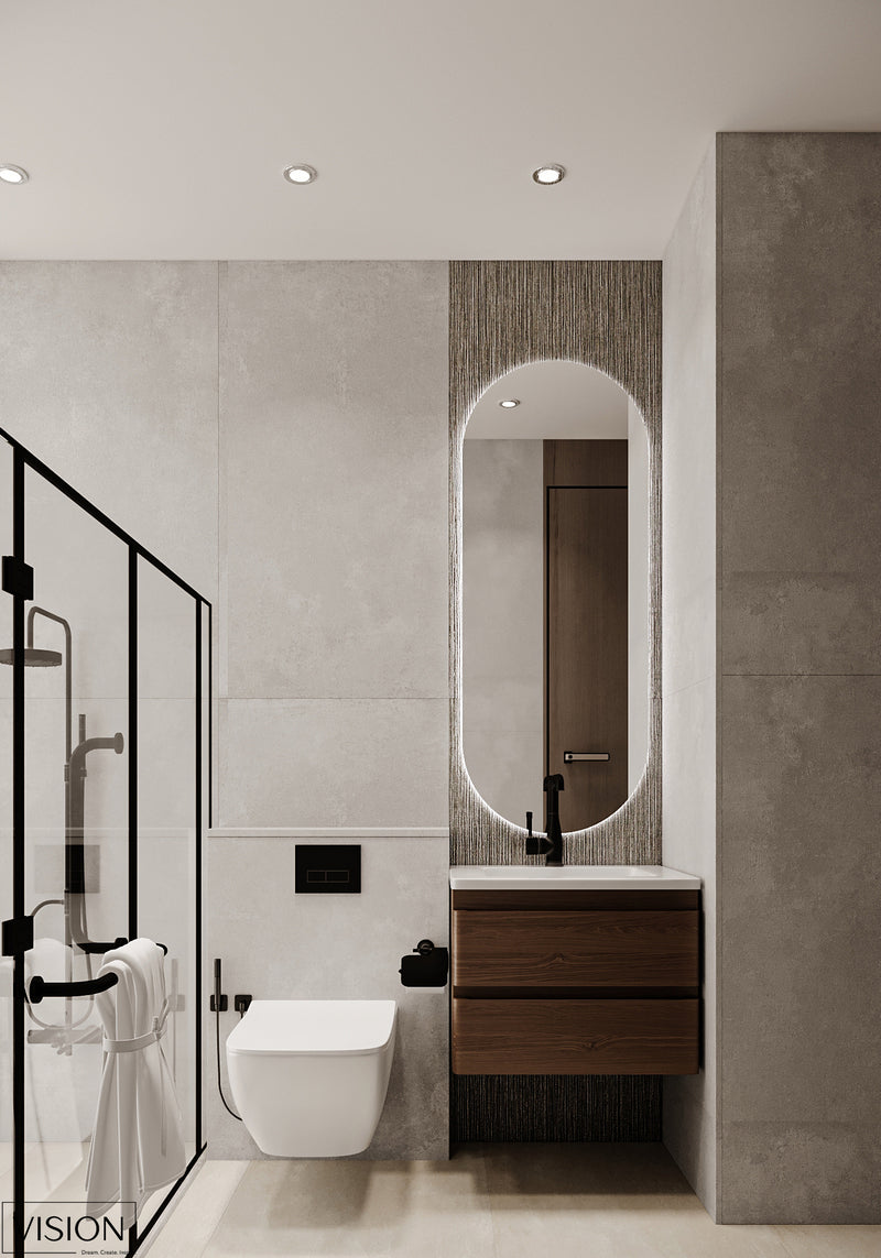Modern bathroom interior with a toilet, sink, and mirror.