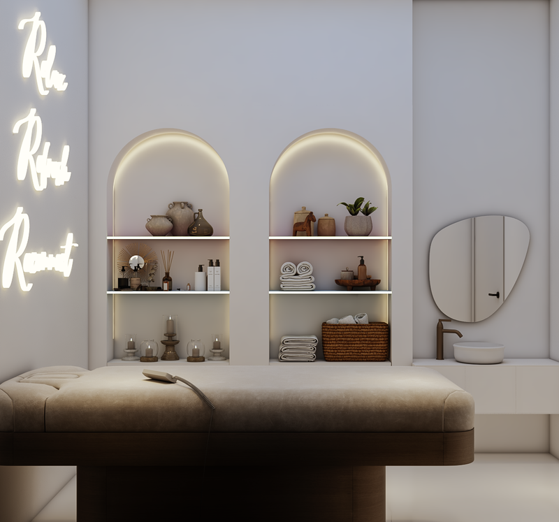 Modern bathroom interior with shelves, mirror, and neon sign on a white wall.