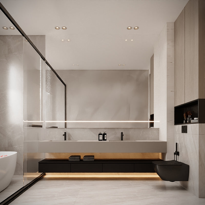 Modern bathroom with a large mirror, sink, and black vanity.
