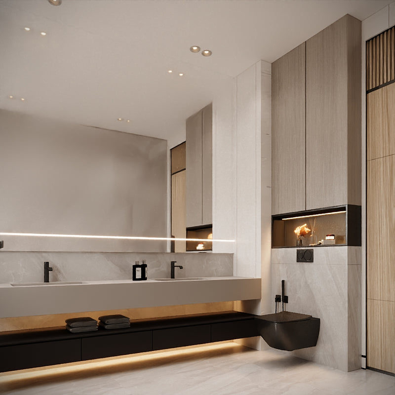 Modern bathroom with a vanity, mirror, and lighting fixtures.