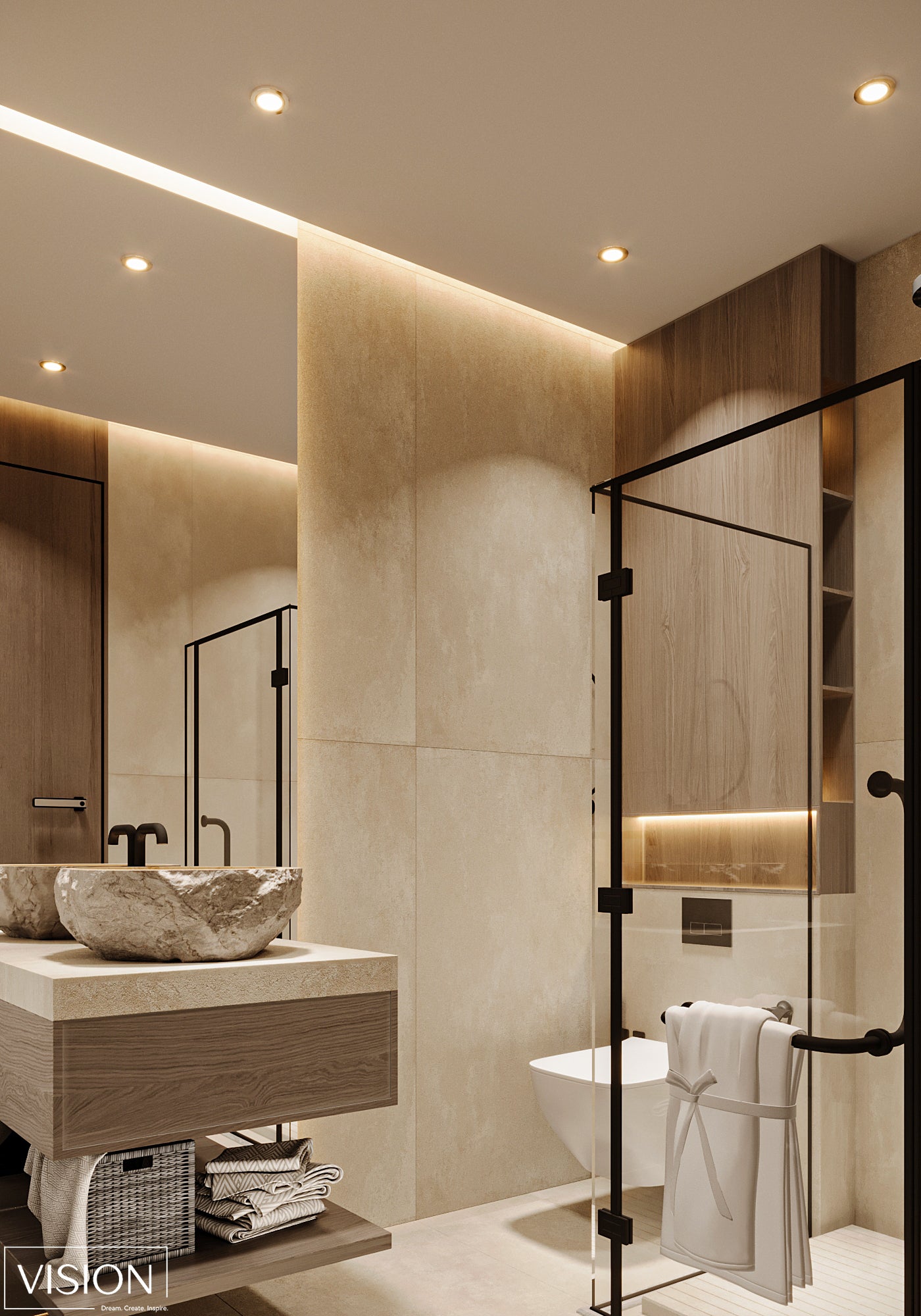 Modern bathroom with beige tiles, a sink, and a shower area.