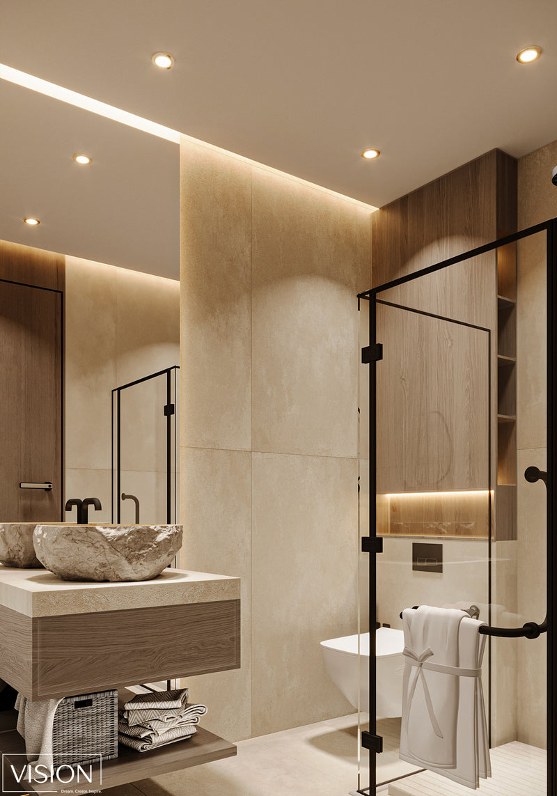 Modern bathroom with beige tiles, a sink, and a shower area.