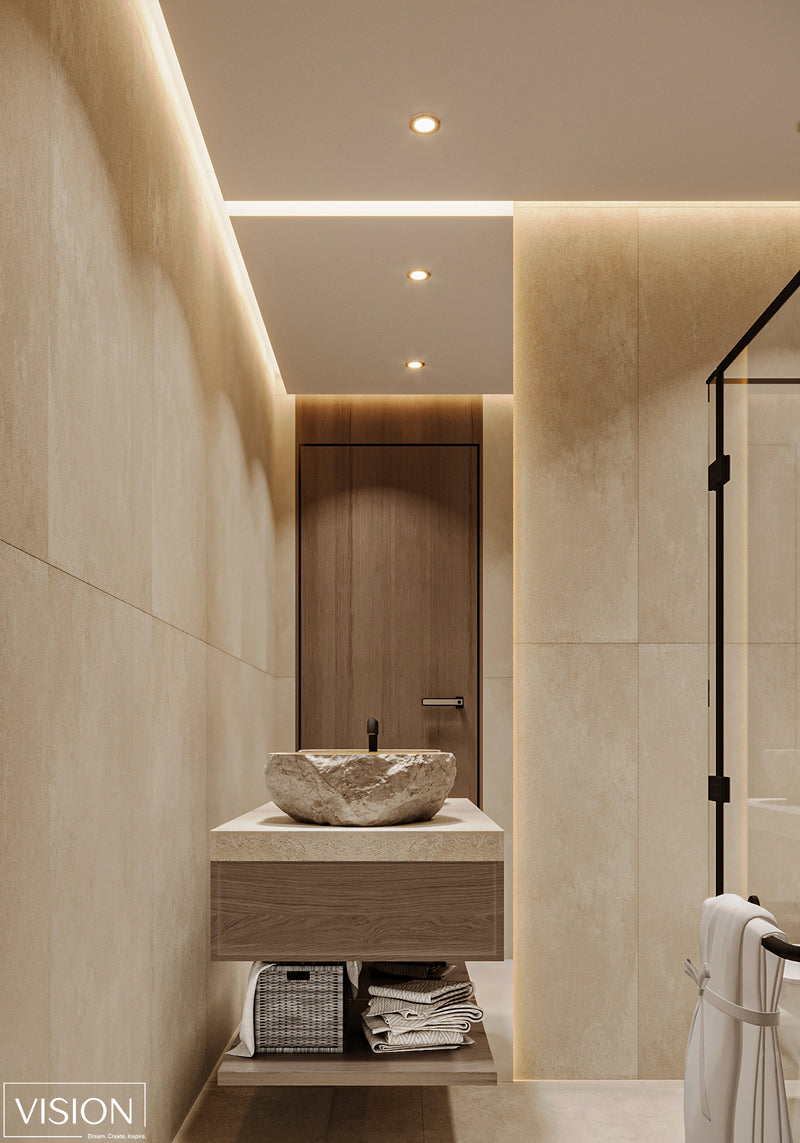 Modern bathroom with beige tiles, wooden vanity, and a towel rack.
