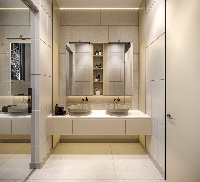 Modern bathroom with double sink vanity and tiled walls
