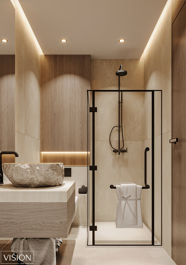 Modern bathroom with shower enclosure, sink, and towel.