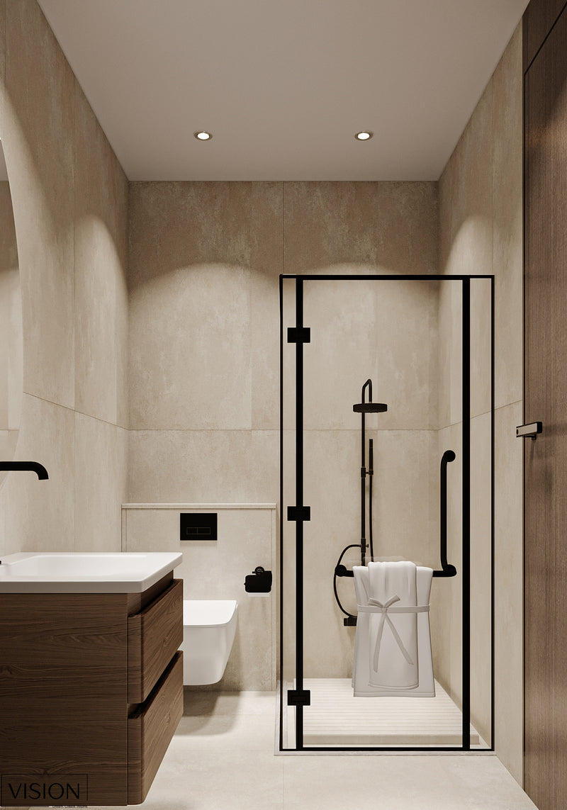 Modern bathroom with shower, sink, and toilet in neutral tones.