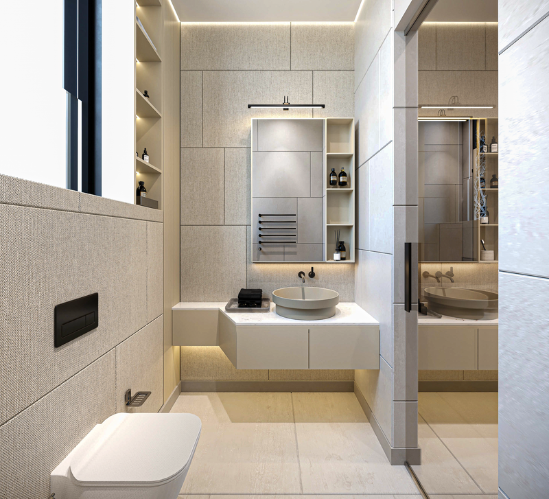 Modern bathroom with white fixtures and neutral tones