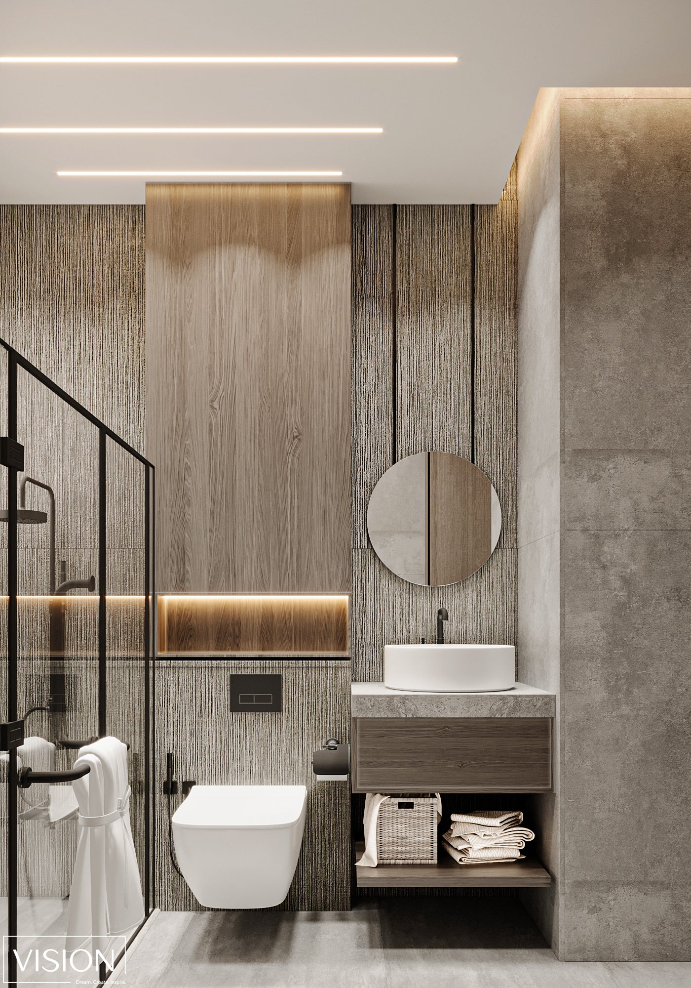 Modern bathroom with wooden paneling, sink, and toilet.