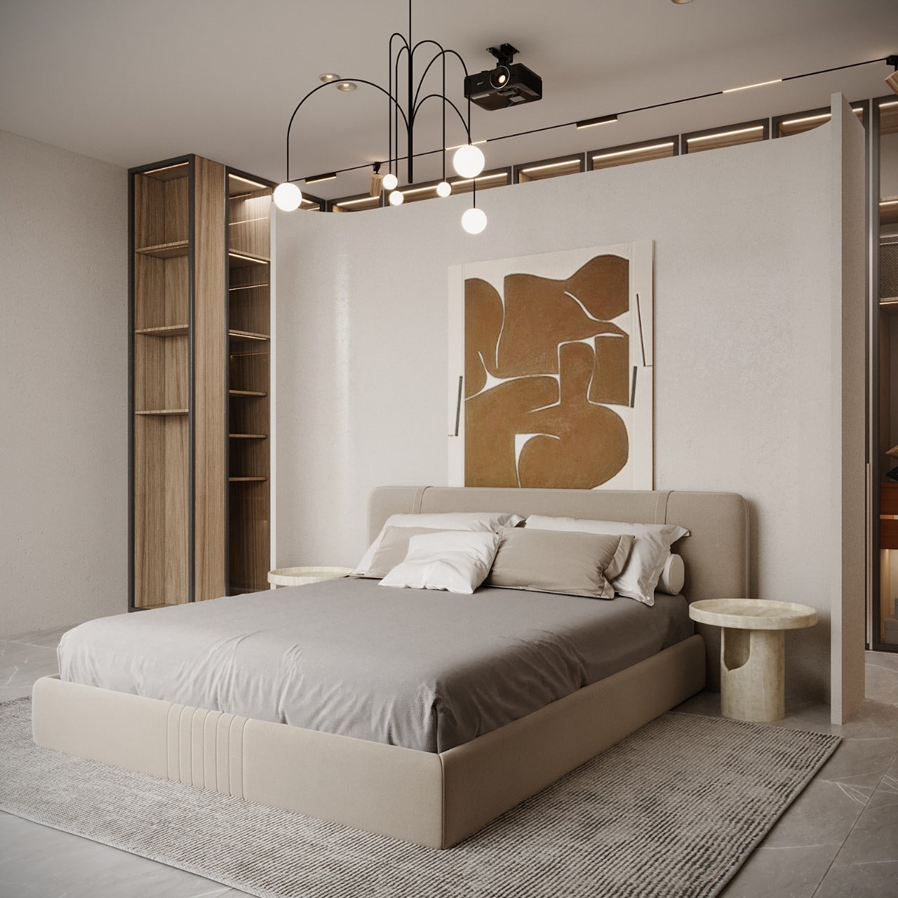 Modern bedroom with a bed, abstract art, and side table.