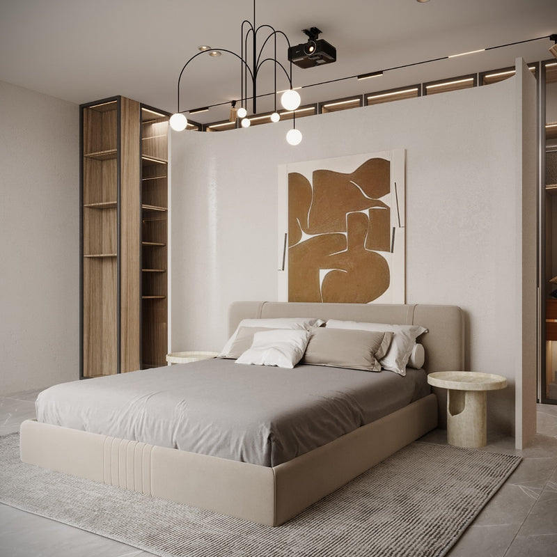 Modern bedroom with a bed, abstract art, and side table.
