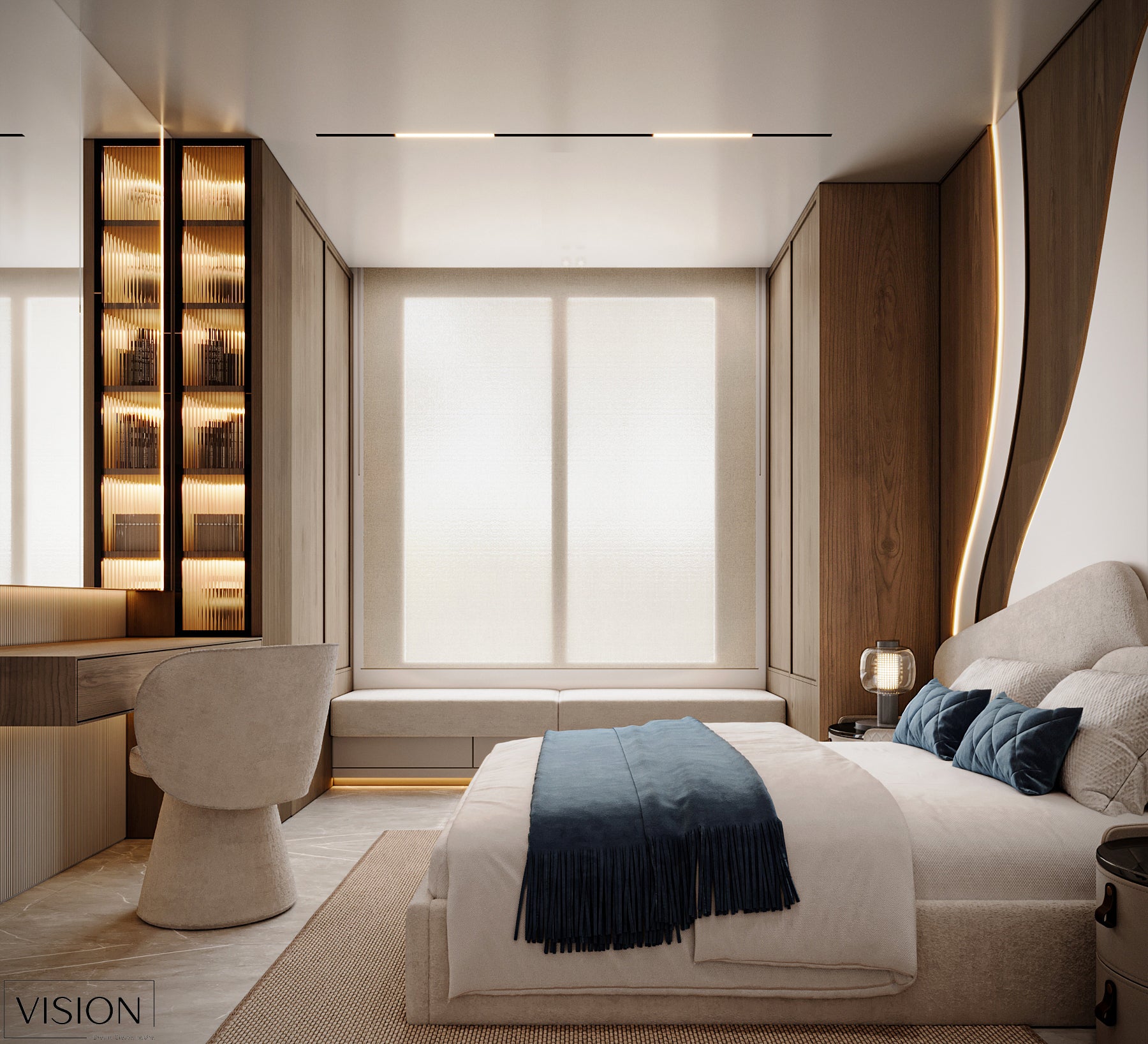Modern bedroom with a bed, desk, and large window.