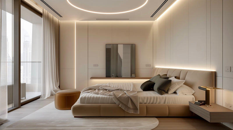 Modern bedroom with a bed, nightstands, and a television.